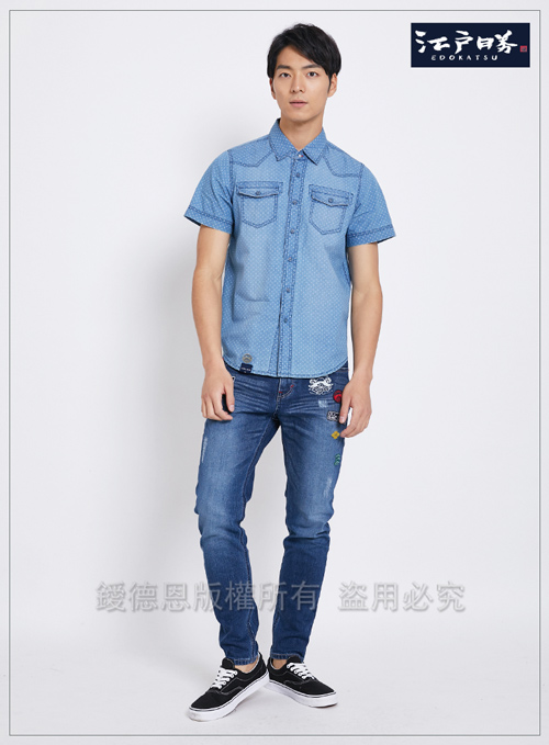 EDWIN 江戶勝 INDIGO 點點短袖襯衫-男-漂淺藍