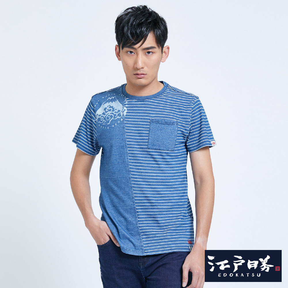EDWIN 江戶勝 INDIGO 條紋拼接短袖T恤-男-漂淺藍