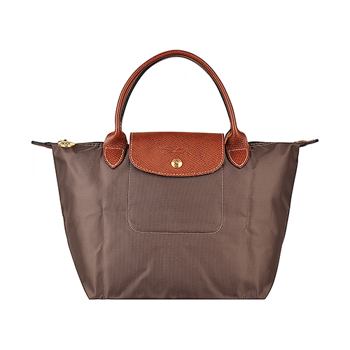 LONGCHAMP LE PLIAGE壓印LOGO短提把尼龍摺疊拉鍊手提包(小/深咖啡)