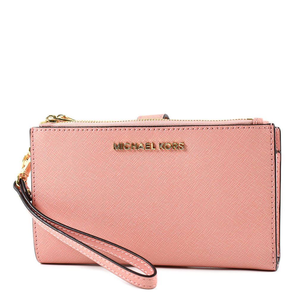 MICHAEL KORS 專櫃款 防刮皮革對折釦式手掛手拿/手機包-蜜糖粉