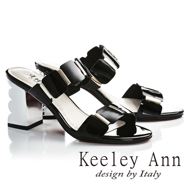 Keeley Ann氣質名媛 一字幾何方形素面高跟拖鞋(黑色)(921932210-Ann系列)