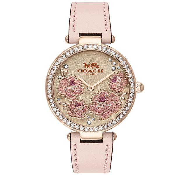 COACH 絕美花卉刺繡工藝晶鑽腕錶-34mm/粉(14503285)