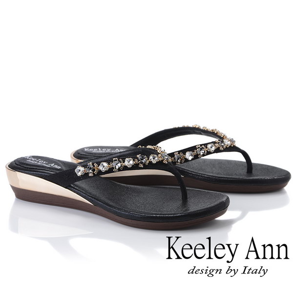 Keeley Ann氣質名媛 MIT夾腳人字寶石平底拖鞋(黑色931008110)