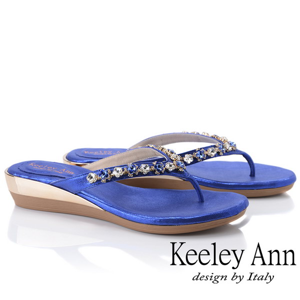 Keeley Ann氣質名媛 MIT夾腳人字寶石平底拖鞋(藍色931008160)