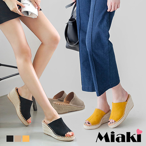 【Miaki】楔型鞋.南洋風編織露趾拖鞋 (杏色 / 黃色 / 黑色)
