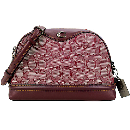 COACH 立體C LOGO緹花皮革拼接斜背包(覆盆子紅)