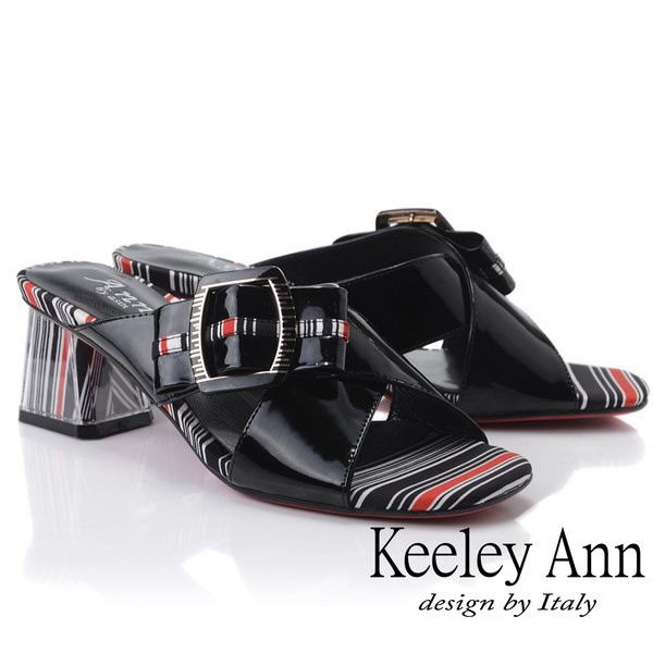 Keeley Ann造型透視跟 條紋撞色交叉中跟拖鞋(黑色921932510-Ann系列)