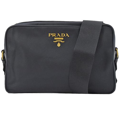 PRADA 經典 LOGO 尼龍帆布皮飾邊斜背小方包.深藍