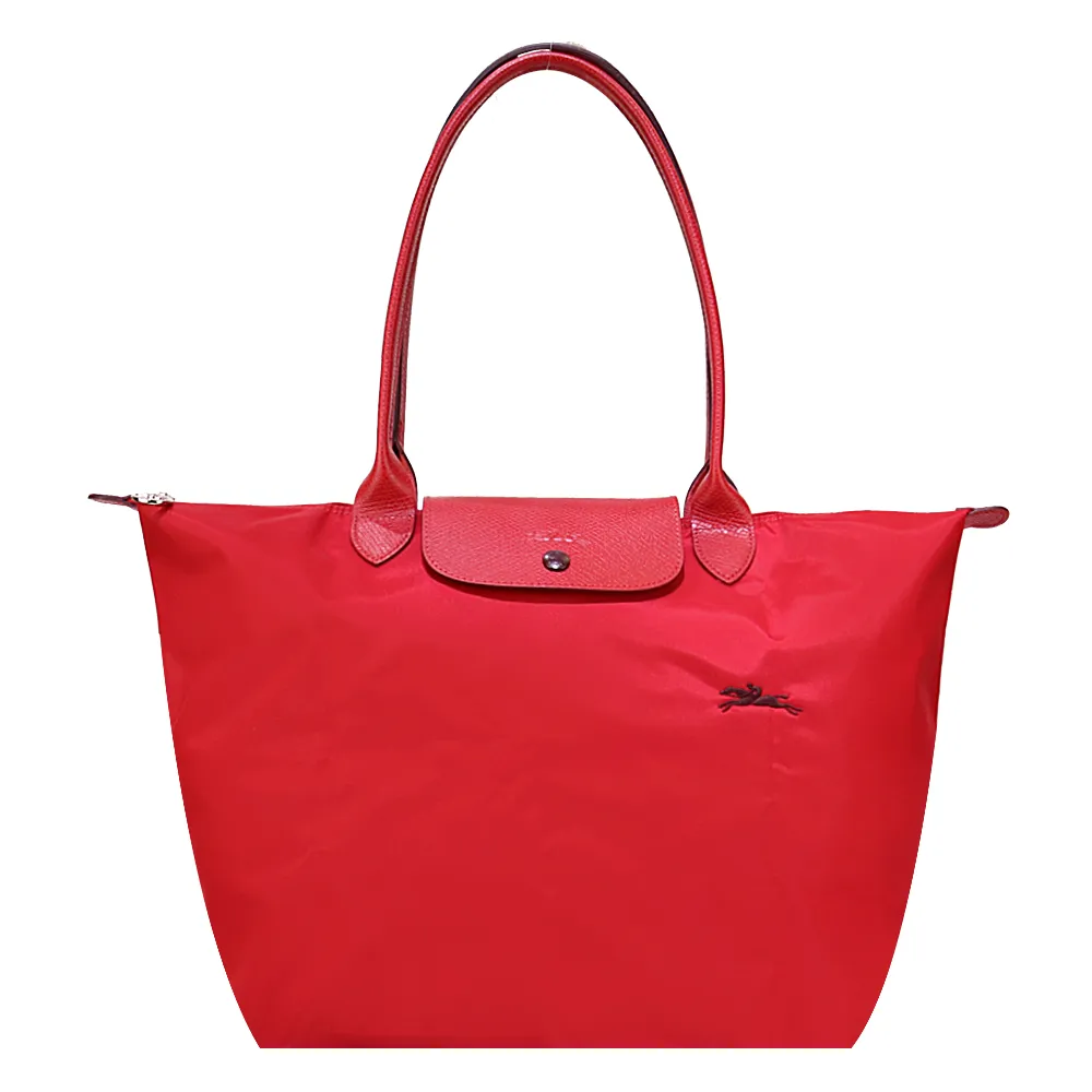 LONGCHAMP LE PLIAGE CLUB系列刺繡長把尼龍摺疊水餃包(大/紅)