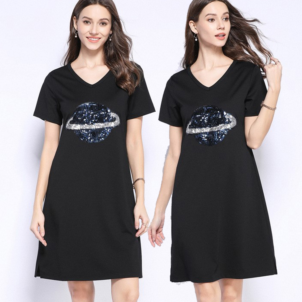 麗質達人(L-5XL)黑色亮片拼接洋裝78332