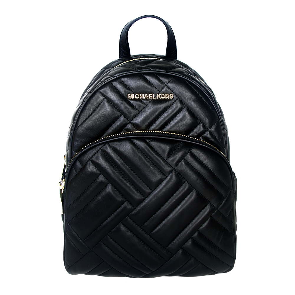 MICHAEL KORS 新款小牛皮格壓印斜紋後背包-黑色(中)