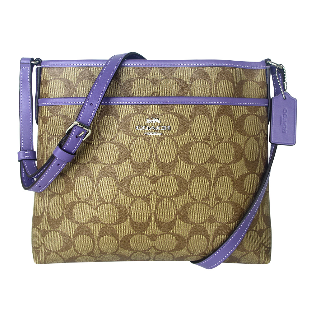 COACH 經典PVC防刮滿版LOGO雙層大容量斜背包-深棕/紫色