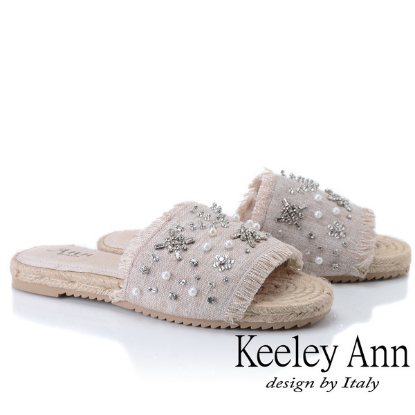 Keeley Ann簡約一字帶 麻繩編織抽鬚寶石平底拖鞋(杏色921832106-Ann系列)