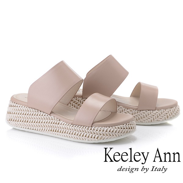 Keeley Ann簡約一字帶 寬帶編織厚底拖鞋(杏色921542206-Ann系列)