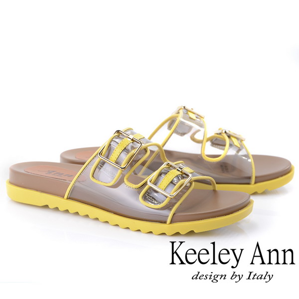 Keeley Ann時尚膠片 雙帶透視金屬飾釦拖鞋(黃色921772305-Ann系列)