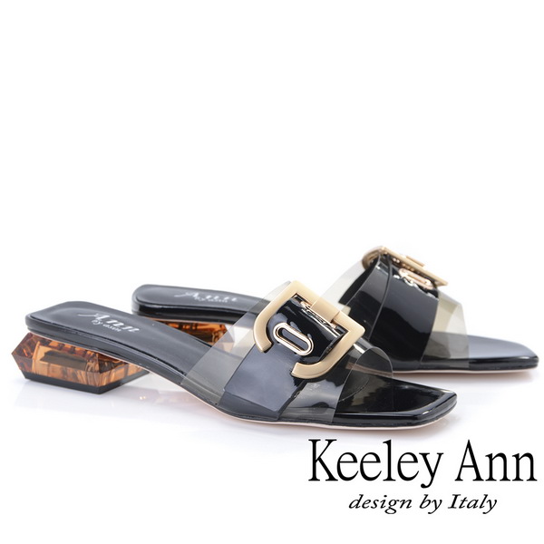 Keeley Ann時尚膠片 金屬D飾釦造型透視跟拖鞋(黑色921647110-Ann系列)