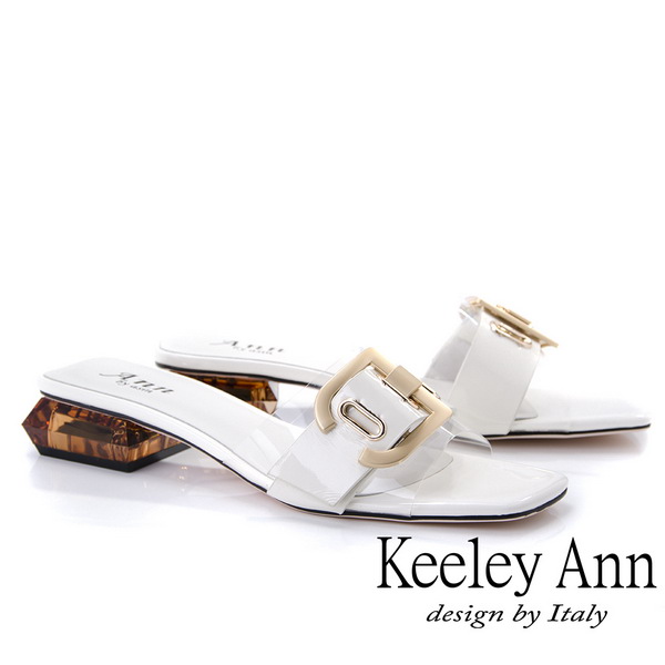 Keeley Ann時尚膠片 金屬D飾釦造型透視跟拖鞋(白色921647140-Ann系列)