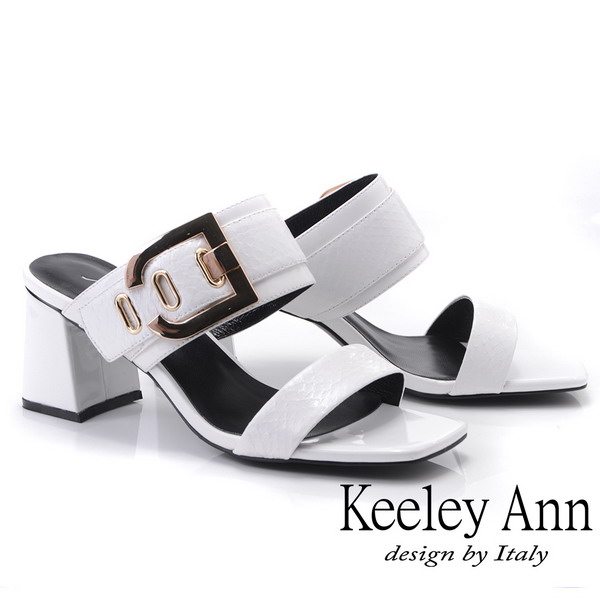 Keeley Ann簡約一字帶 蛇皮紋路金屬釦拖鞋(白色921687140-Ann系列)