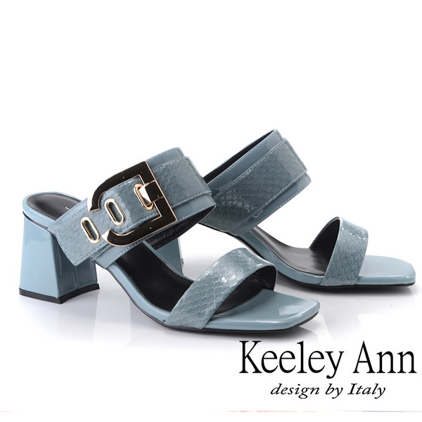 Keeley Ann簡約一字帶 蛇皮紋路金屬釦拖鞋(藍色921687160-Ann系列)