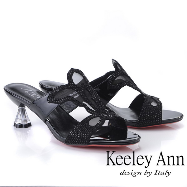 Keeley Ann造型透視跟 鏤空網紗水鑽拖鞋(黑色921932710-Ann系列)