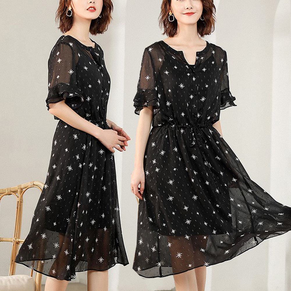 麗質達人(XL-5XL)黑色印花洋裝19712