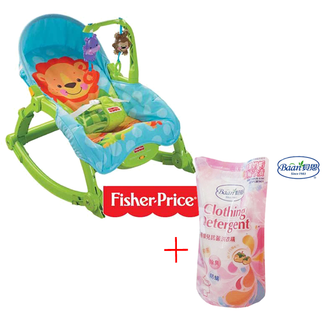費雪牌 Fisher-Price 可愛動物可攜式兩用安撫躺椅+貝恩嬰兒抗菌洗衣精補充包800mal*1