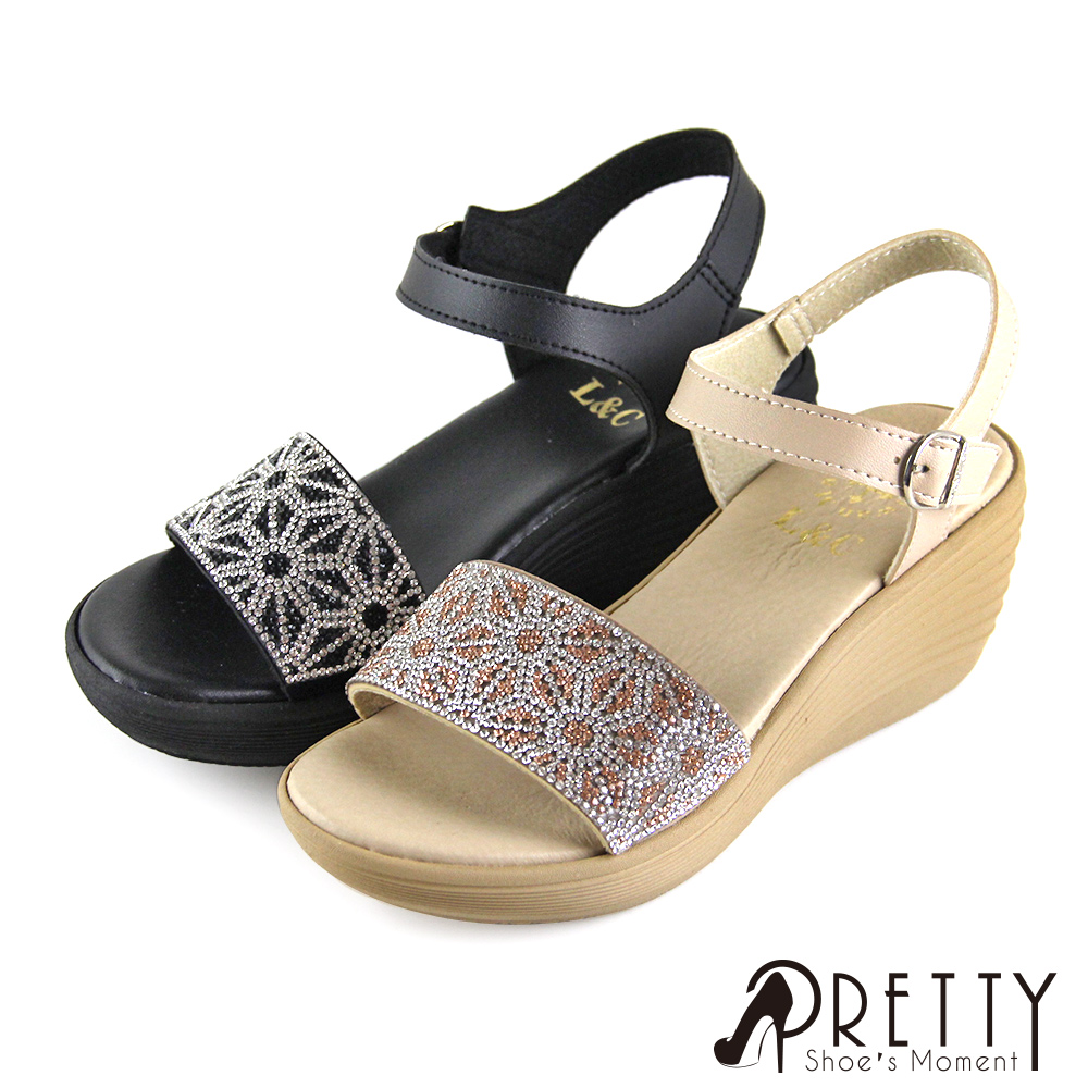 【Pretty】寬版線條精緻水鑽沾黏式楔型涼鞋