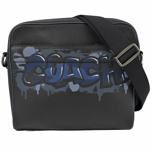 COACH 街頭塗鴉LOGO 牛皮織帶斜背包.黑/藍邊