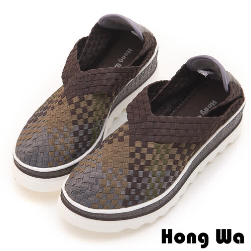 Hong Wa 休閒設計手工感V口造型漸層編織械型包鞋 - 咖啡