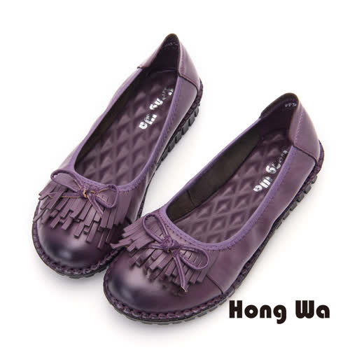 Hong Wa 流蘇款舒適牛皮厚底包鞋- 紫