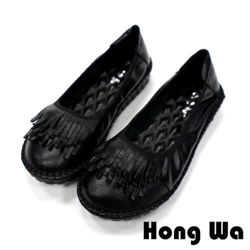 Hong Wa 流蘇款舒適牛皮厚底包鞋- 黑
