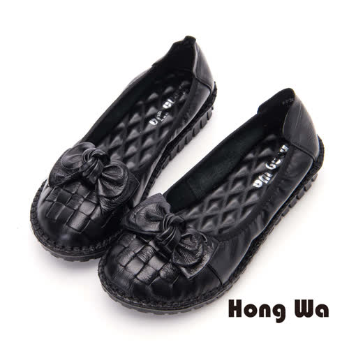 Hong Wa 蝴蝶結款牛皮厚底包鞋- 黑