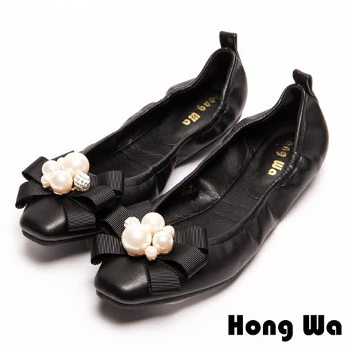 Hong Wa 名媛氣息珍珠蝴蝶結娃娃鞋-黑