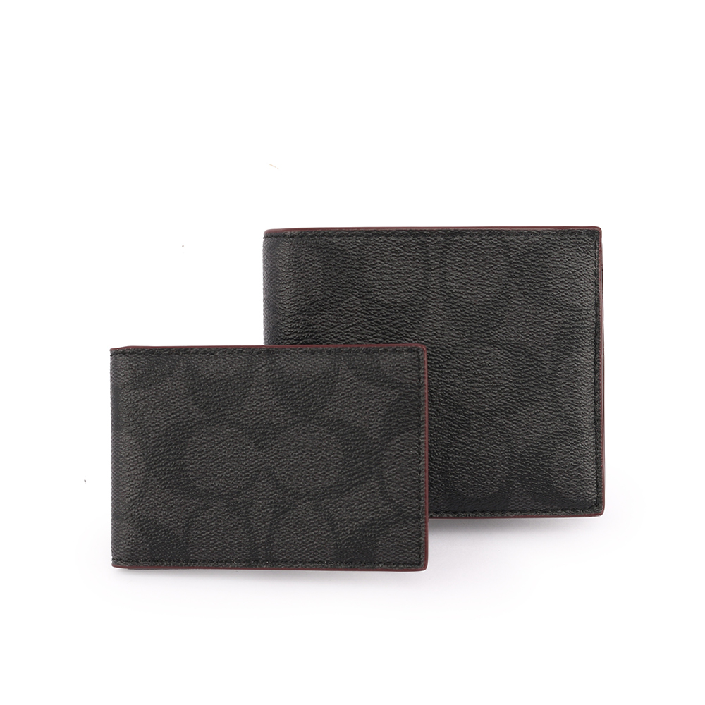 【COACH】PVC LOGO皮革短夾(附證件夾)(黑灰)(紅邊) F25519 N3A