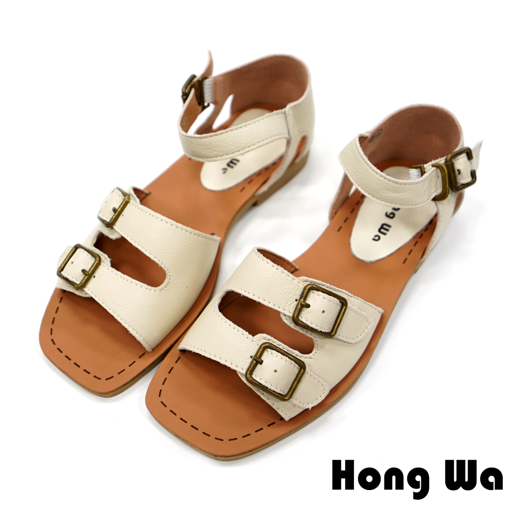 Hong Wa 素面牛皮扣環魚口涼鞋-米