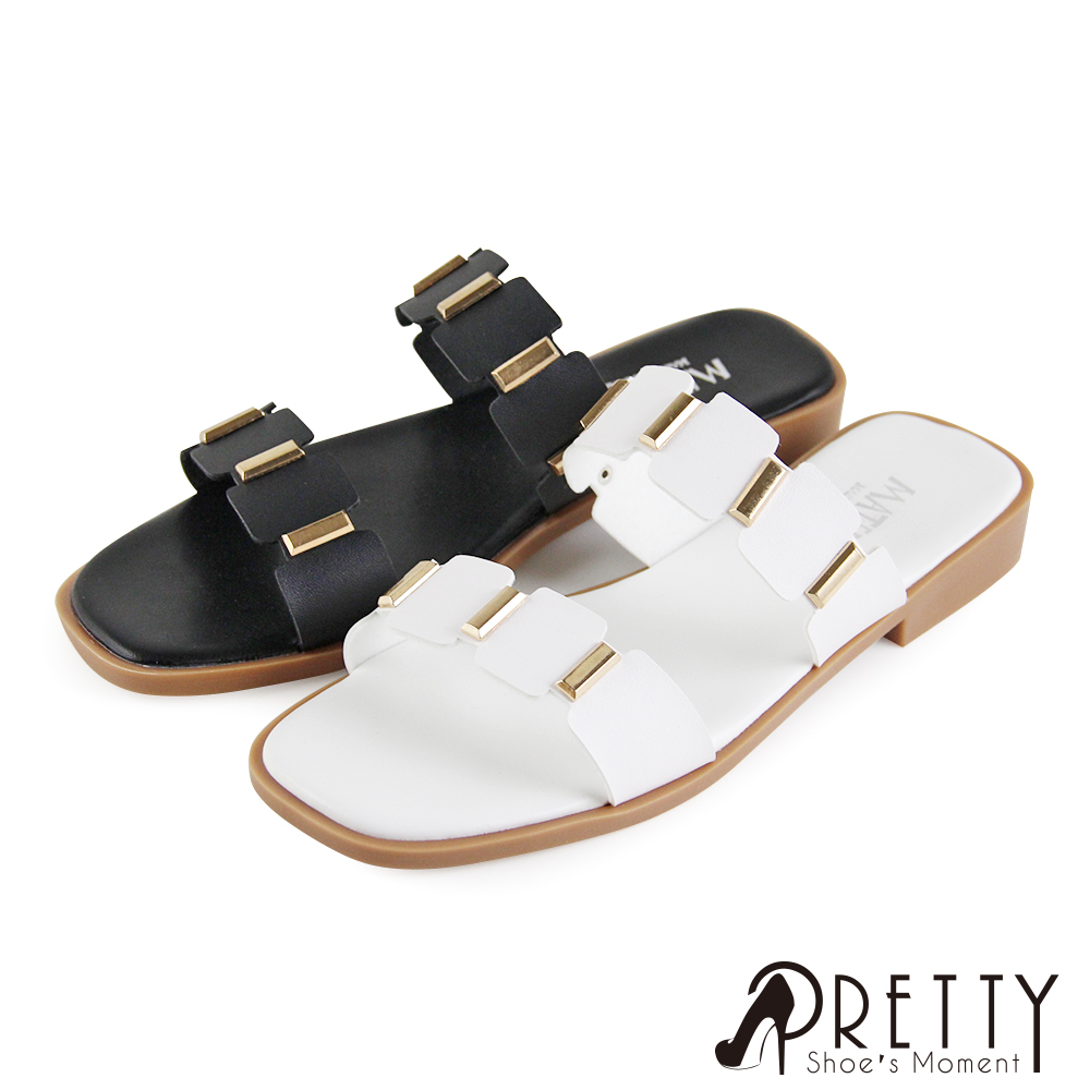 【Pretty】寬版線條方形金屬平底拖鞋
