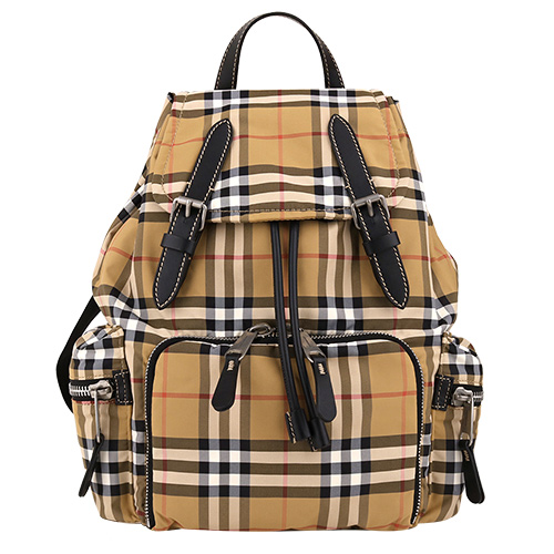 BURBERRY- 經典格紋雙皮帶扣飾尼龍束口後背包(卡其)中