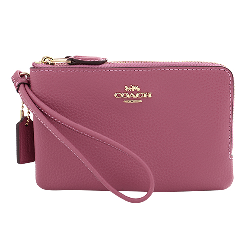 COACH- 立體金馬車logo皮革L型雙層拉鍊手拿包(玫瑰粉)