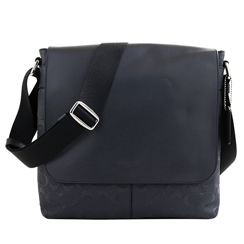 COACH- 浮印 LOGO皮革掀蓋織帶斜背包(墨藍)
