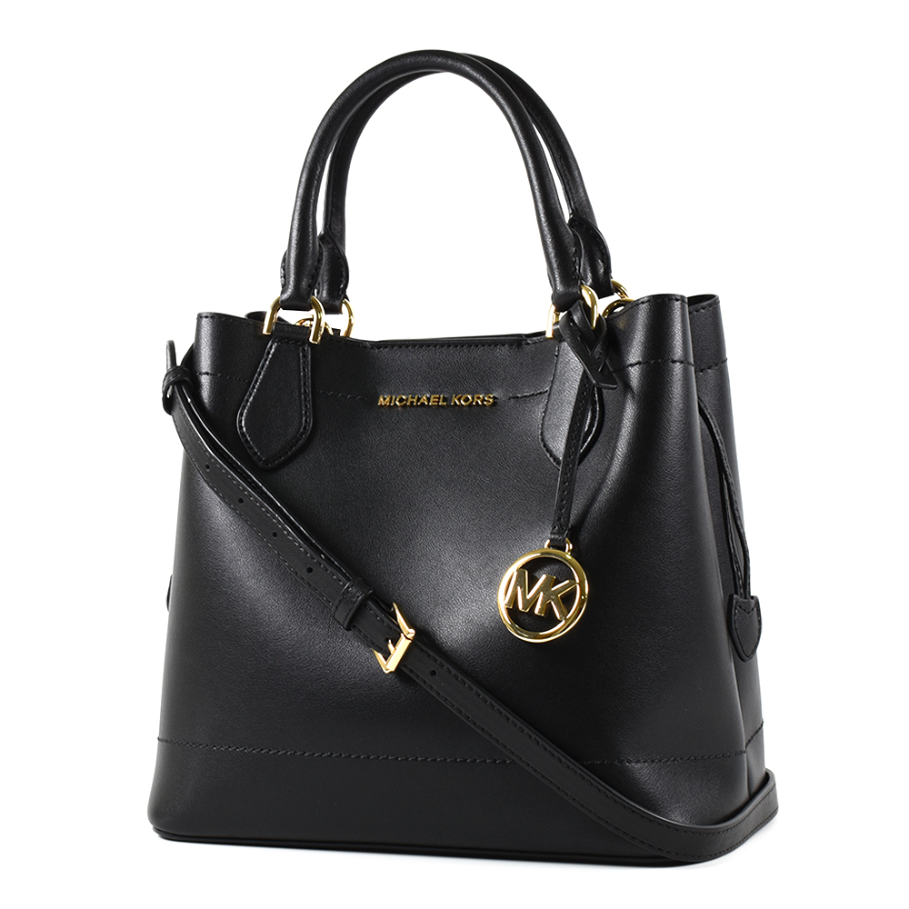 MICHAEL KORS 金字雙層置物側束帶磁釦手提/斜背二用包-黑色/大