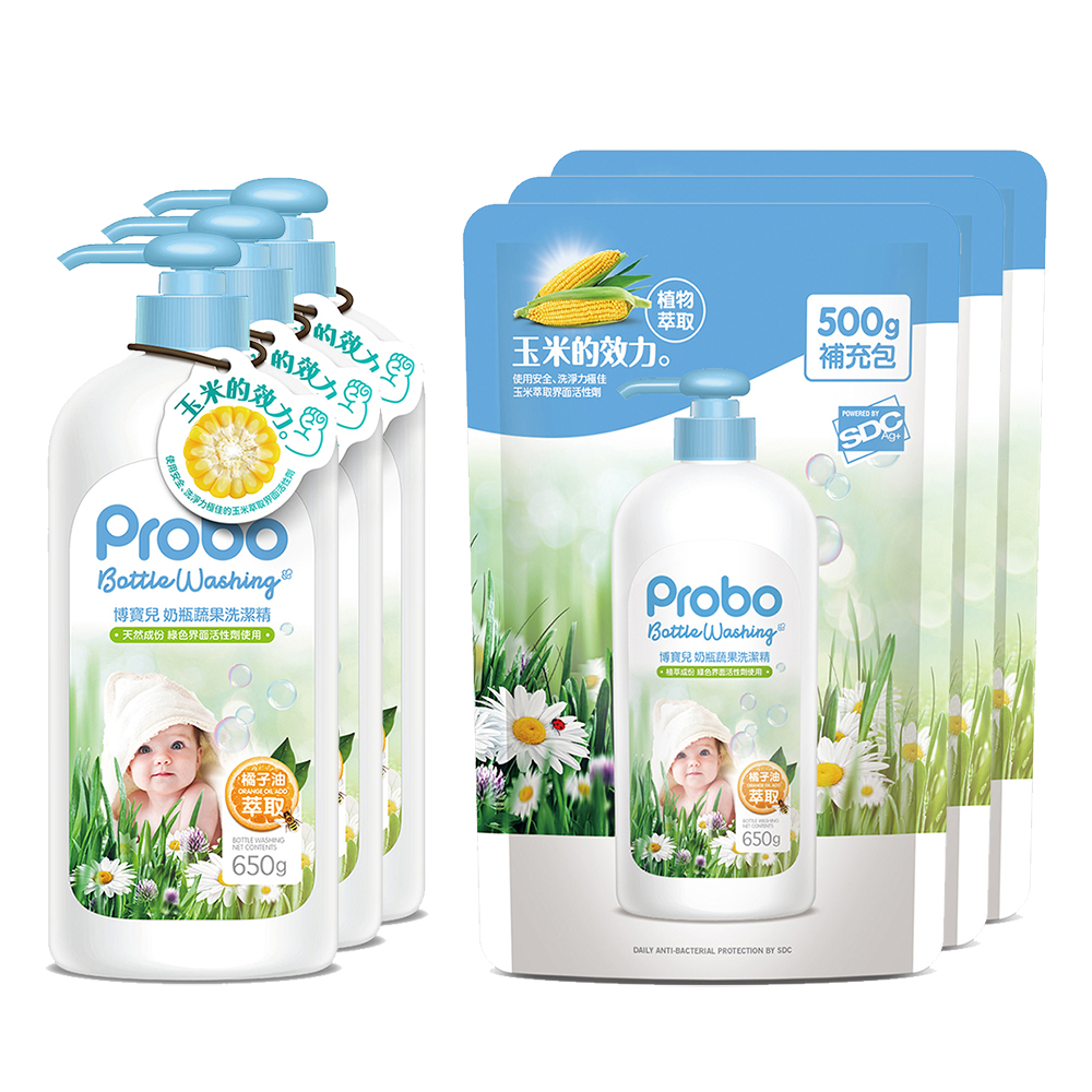 【快潔適】博寶兒奶瓶蔬果洗潔精650ml3瓶+500ml3包