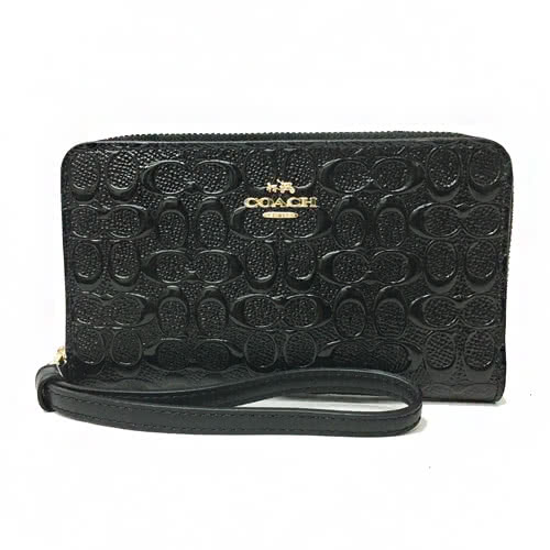 【COACH】C LOGO漆皮拉鍊中夾式手拿包手機包(黑)