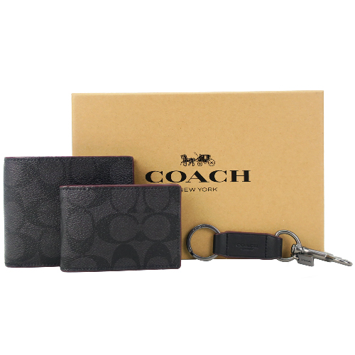COACH 經典 C LOGO緹花PVC男短夾/卡夾/鑰匙圈三件禮盒組(黑灰)