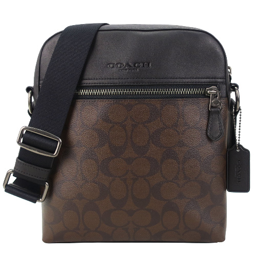 COACH 經典 C LOGO荔枝壓紋皮革PVC斜背包(咖啡)