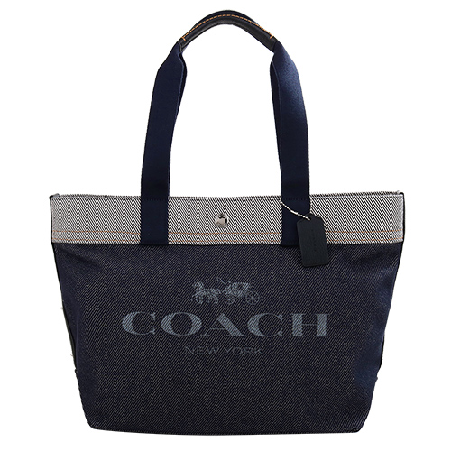 COACH- 馬車LOGO拚色牛仔丹寧斜紋布托特包(牛仔藍)大