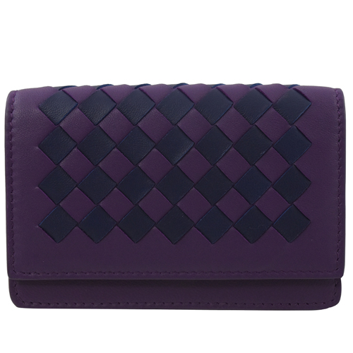 BOTTEGA VENETA 雙色編織羊皮扣式名片夾.紫藍