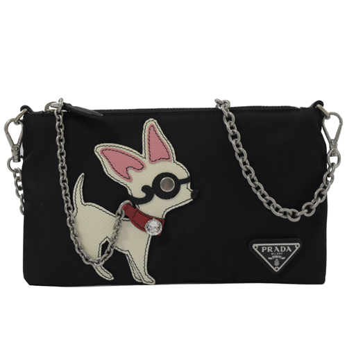 PRADA 三角LOGO 狗狗徽章尼龍肩背小鍊包.黑