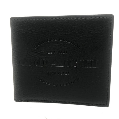 【COACH】經典壓印大 LOGO 牛皮8卡對折輕便短夾男款(黑)