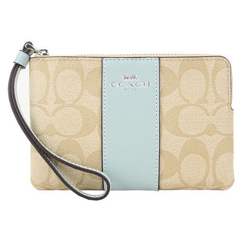 COACH 新款燙印馬車 PVC 直紋拉鍊手拿包(卡其白X泡沫藍)