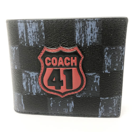 【COACH】經典 LOGO立體徽章配色PVC皮革 8卡對折輕便短夾附活動證件夾(黑/深藍)